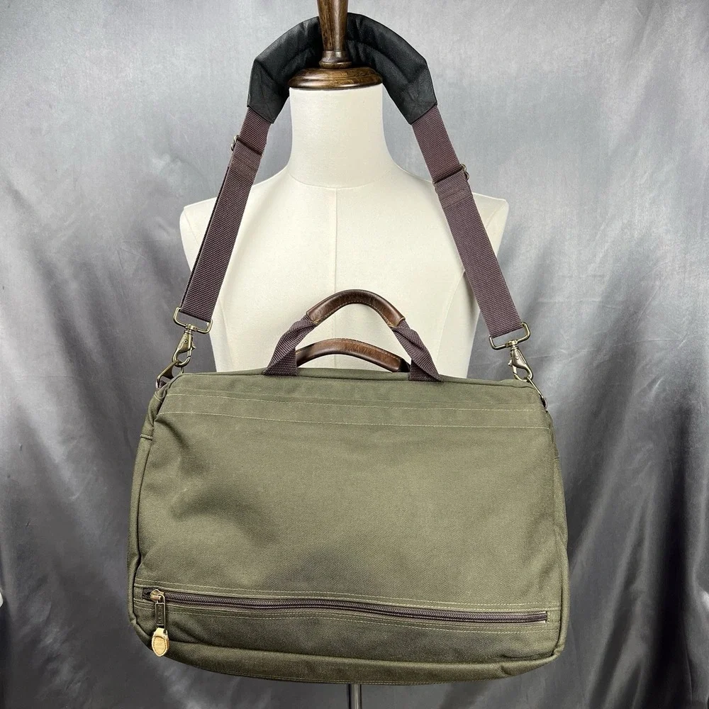 LL Bean Messenger Bag Briefcase Nylon Canvas Leather Trim Strap Green VTG 90s